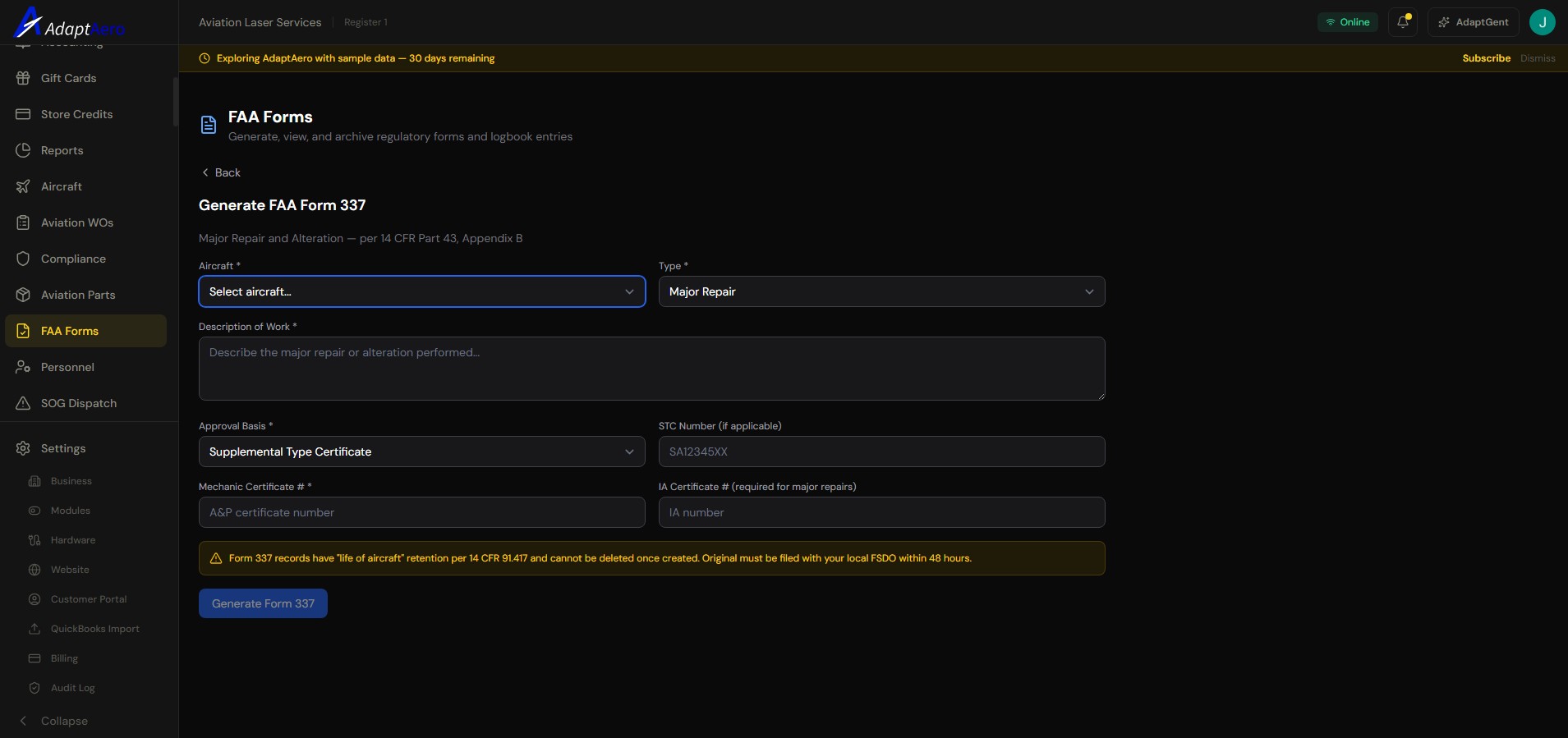 FAA Form Generation screenshot